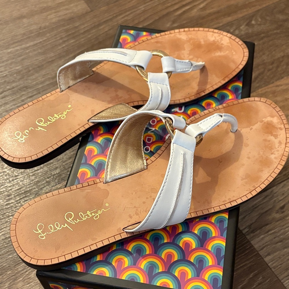Lilly Pulitzer White Leather Thong Sandals with Gold Accent